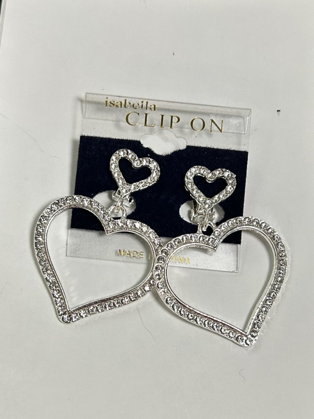 Isabella Silver Tone Rhinestone Double Open Heart Clip On Drop Earrings NWT